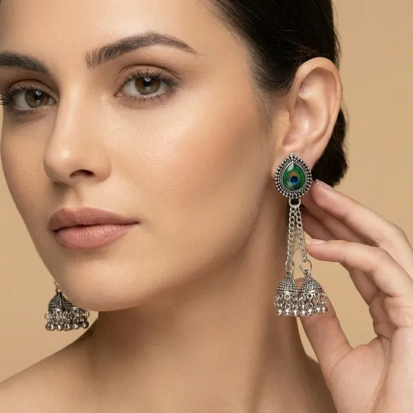 Silver_Tone_Alloy_Small_Stone_Stud_Peacock_Chain_Earring_For_Women_And_Girls