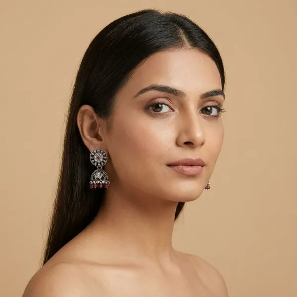Maroon_Silver_Tone_Alloy_Jhumki_For_Women_And_Girls