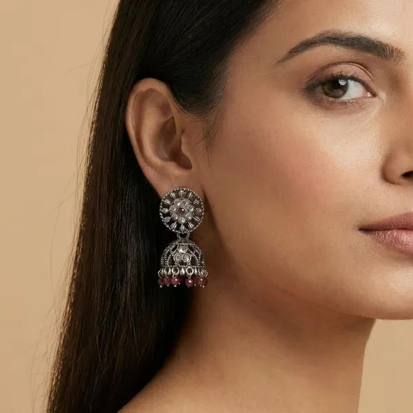 Maroon_Silver_Tone_Alloy_Jhumki_For_Women_And_Girls