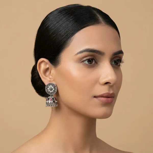 Red_And_White_Silver_Tone_Alloy_Jhumki_For_Women_And_Girls