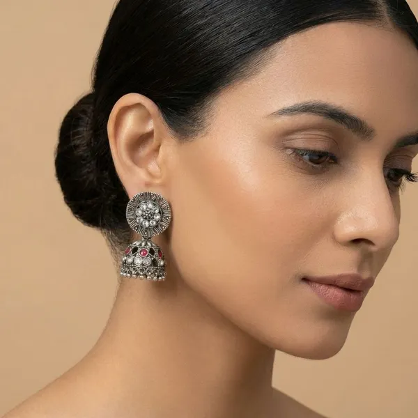 Red_And_White_Silver_Tone_Alloy_Jhumki_For_Women_And_Girls