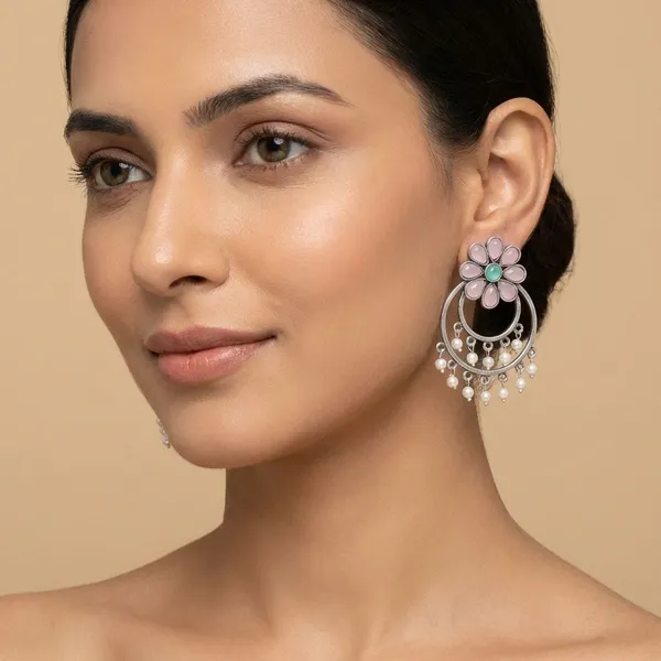 Baby_Pink_Silver_Tone_Alloy_Double_Circle_Stone_Earring_For_Women_And_Girls