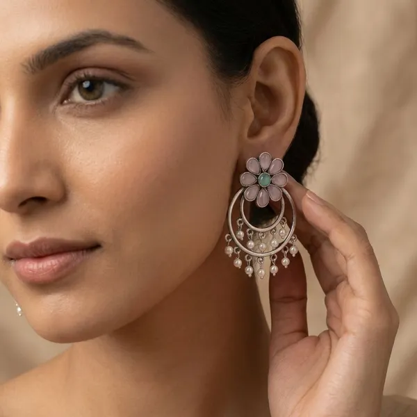 Baby_Pink_Silver_Tone_Alloy_Double_Circle_Stone_Earring_For_Women_And_Girls