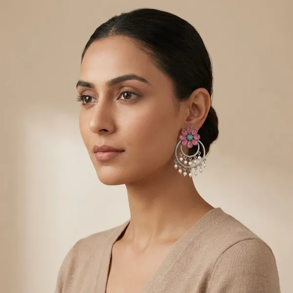 Red_Silver_Tone_Alloy_Double_Circle_Stone_Earring_For_Women_And_Girls