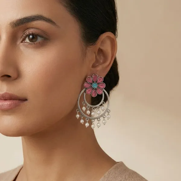 Red_Silver_Tone_Alloy_Double_Circle_Stone_Earring_For_Women_And_Girls