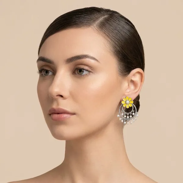 Mustard_Yellow_Silver_Tone_Alloy_Double_Circle_Stone_Earring_For_Women_And_Girls