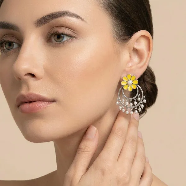 Mustard_Yellow_Silver_Tone_Alloy_Double_Circle_Stone_Earring_For_Women_And_Girls