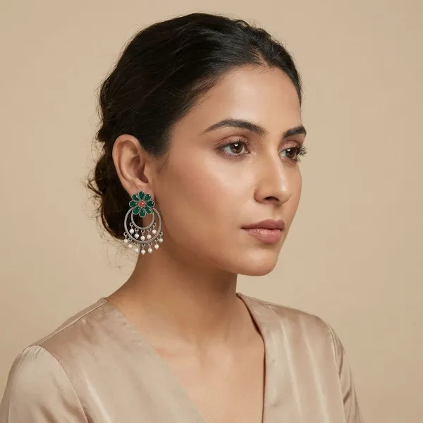 Dark_Green_Silver_Tone_Alloy_Double_Circle_Stone_Earring_For_Women_And_Girls