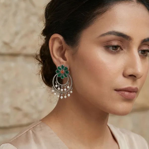 Dark_Green_Silver_Tone_Alloy_Double_Circle_Stone_Earring_For_Women_And_Girls