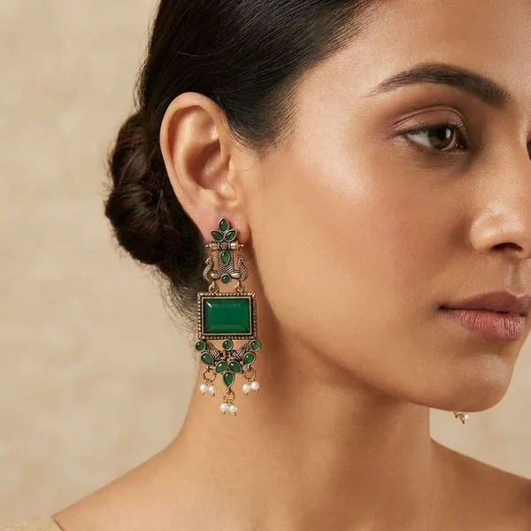 Dark_Green_Silver_Finish_Alloy_Peacock_Square_Earring_For_Women_And_Girls