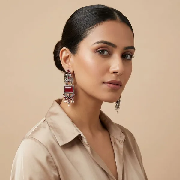 Maroon_Red_Silver_Finish_Alloy_Peacock_Square_Earring_For_Women_And_Girls