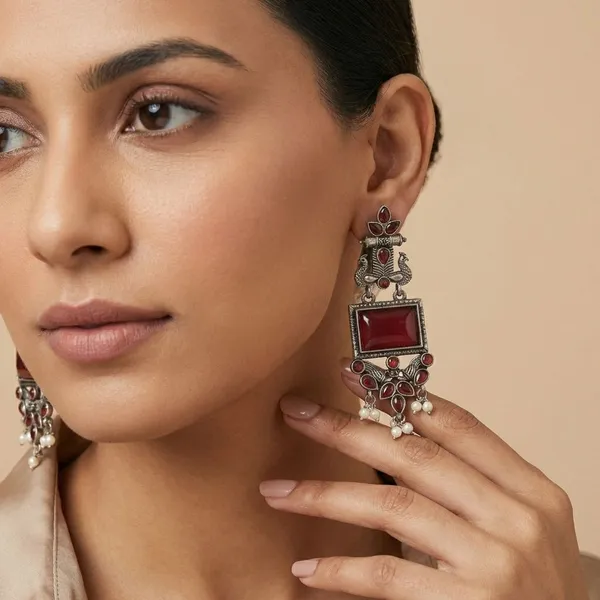 Maroon_Red_Silver_Finish_Alloy_Peacock_Square_Earring_For_Women_And_Girls