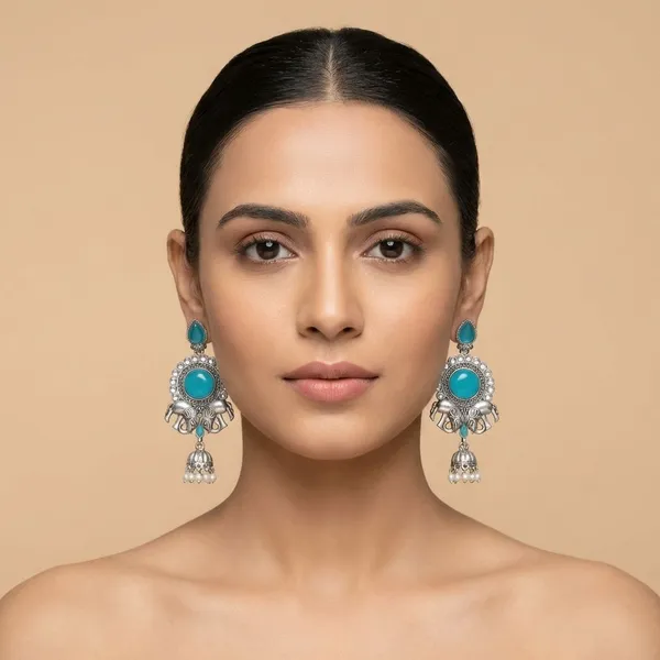 Light_Blue_Silver_Finish_Alloy_Double_Elephant_Earring_For_Women_And_Girls