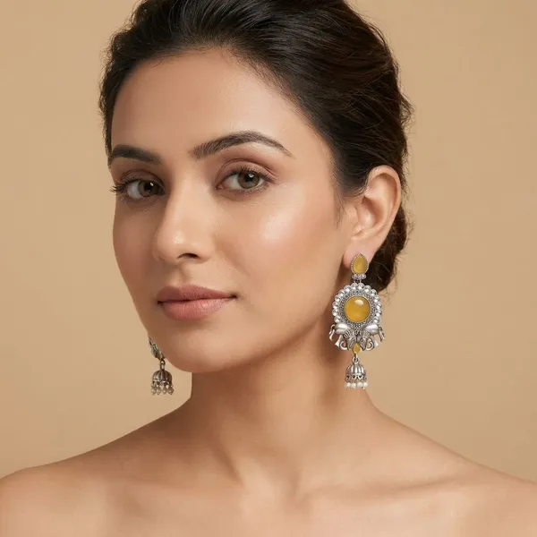 Mustard_Yellow_Silver_Finish_Alloy_Double_Elephant_Earring_For_Women_And_Girls