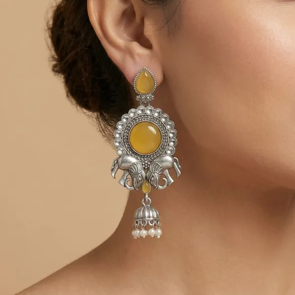 Mustard_Yellow_Silver_Finish_Alloy_Double_Elephant_Earring_For_Women_And_Girls