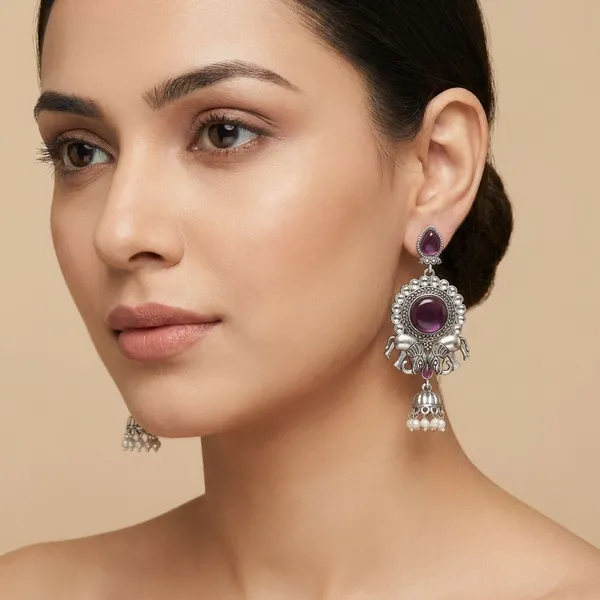Wine_Silver_Finish_Alloy_Double_Elephant_Earring_For_Women_And_Girls