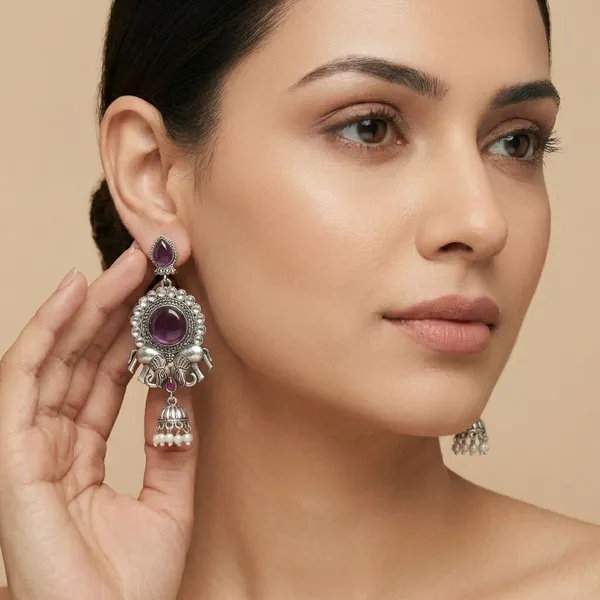 Wine_Silver_Finish_Alloy_Double_Elephant_Earring_For_Women_And_Girls