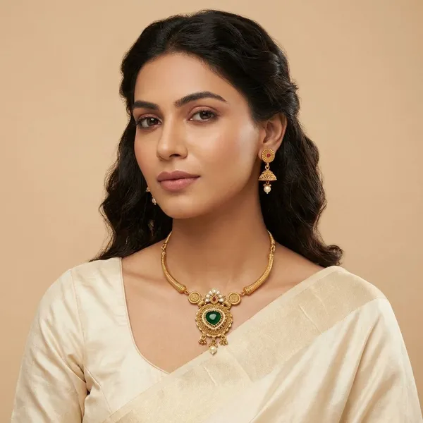 Golden_Finish_Alloy_Elegant_Necklace_With_Green_Stone_For_Women_And_Girls