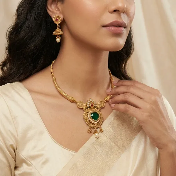 Golden_Finish_Alloy_Elegant_Necklace_With_Green_Stone_For_Women_And_Girls