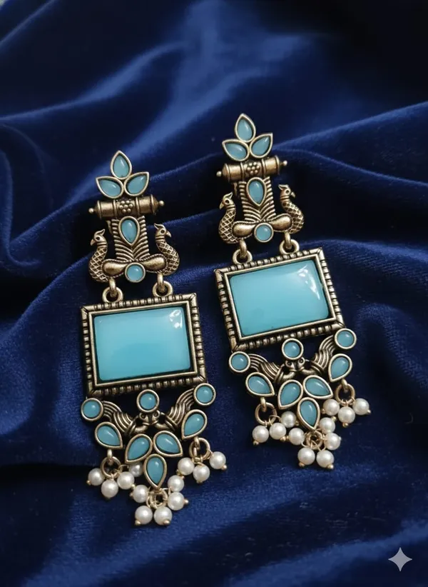 Sky_Blue_Silver_Finish_Alloy_Peacock_Square_Earring_For_Women_And_Girls