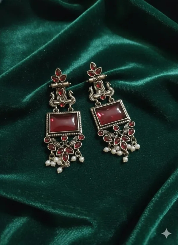 Maroon_Red_Silver_Finish_Alloy_Peacock_Square_Earring_For_Women_And_Girls