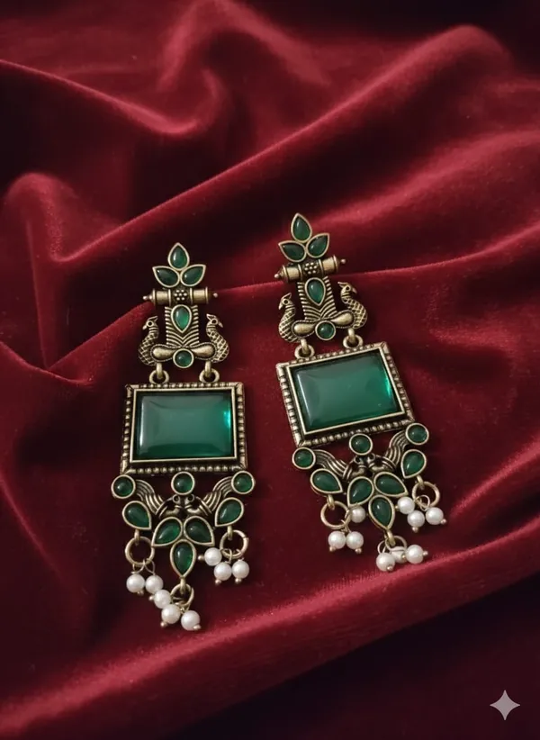 Dark_Green_Silver_Finish_Alloy_Peacock_Square_Earring_For_Women_And_Girls