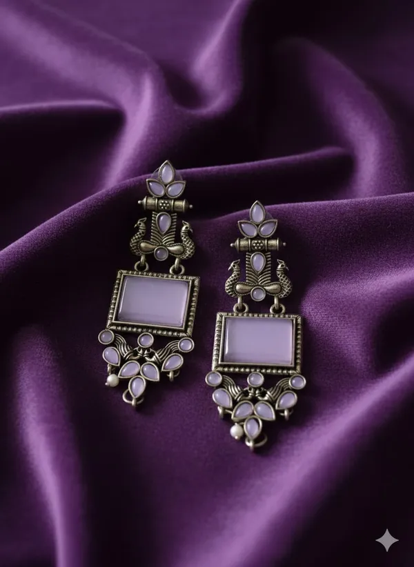 Lavender_Silver_Finish_Alloy_Peacock_Square_Earring_For_Women_And_Girls