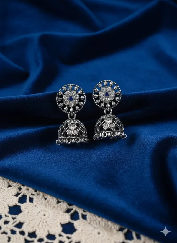 Dark_Blue_Silver_Tone_Alloy_Jhumki_For_Women_And_Girls