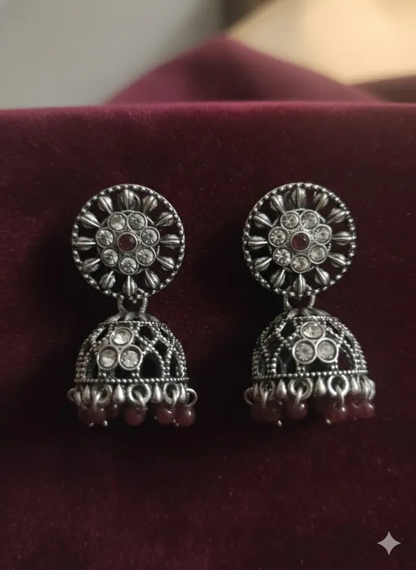 Maroon_Silver_Tone_Alloy_Jhumki_For_Women_And_Girls