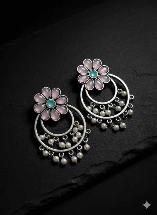 Baby_Pink_Silver_Tone_Alloy_Double_Circle_Stone_Earring_For_Women_And_Girls