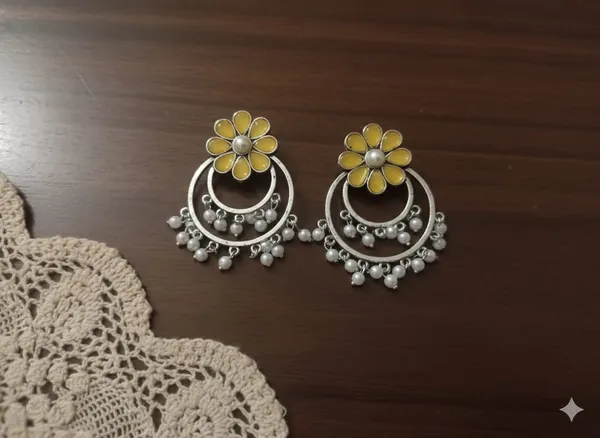 Mustard_Yellow_Silver_Tone_Alloy_Double_Circle_Stone_Earring_For_Women_And_Girls