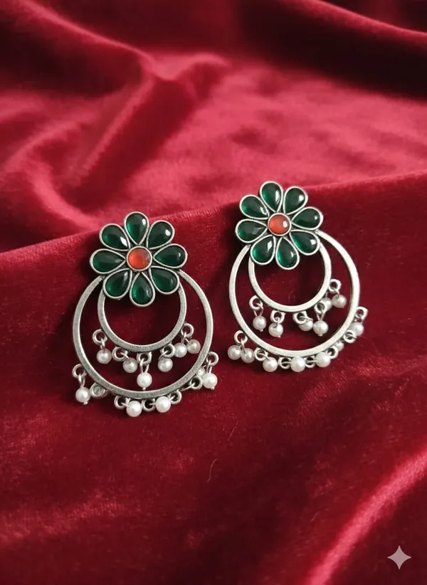 Dark_Green_Silver_Tone_Alloy_Double_Circle_Stone_Earring_For_Women_And_Girls