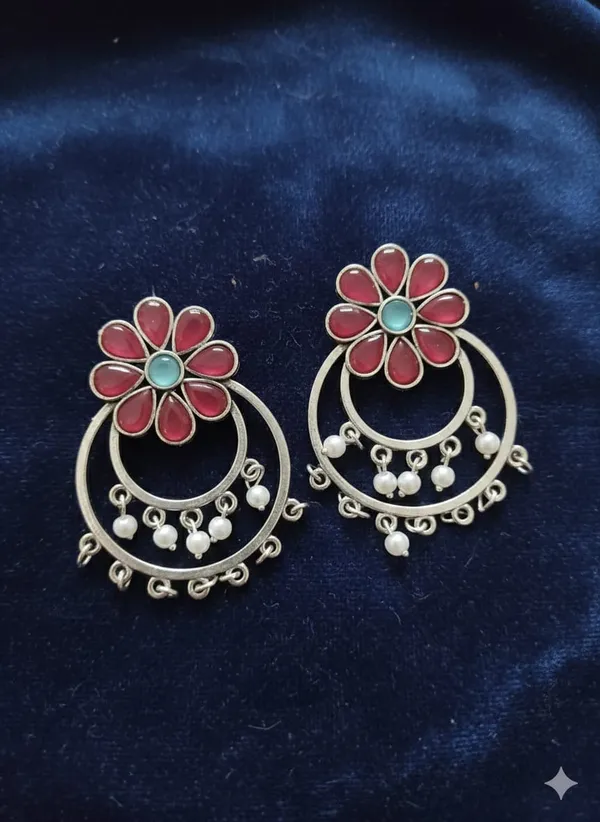 Red_Silver_Tone_Alloy_Double_Circle_Stone_Earring_For_Women_And_Girls
