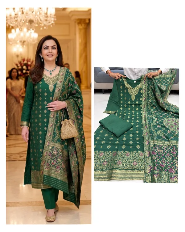 MRS.NITA_AMBANI_GREEN_BUND_PURE_BANARASI_SUIT_SET