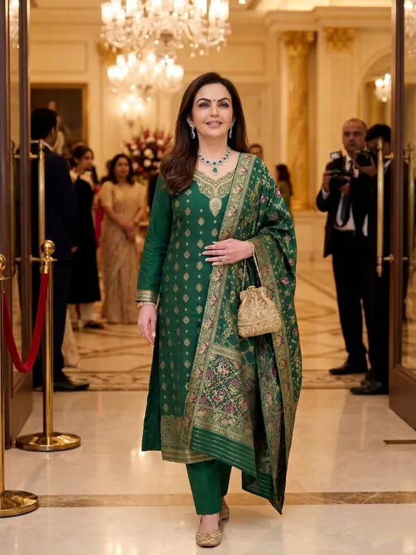 MRS.NITA_AMBANI_GREEN_BUND_PURE_BANARASI_SUIT_SET