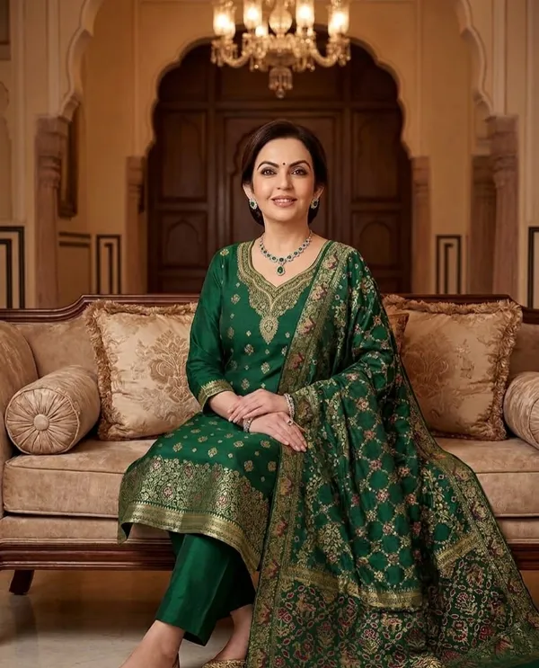 MRS.NITA_AMBANI_GREEN_BUND_PURE_BANARASI_SUIT_SET