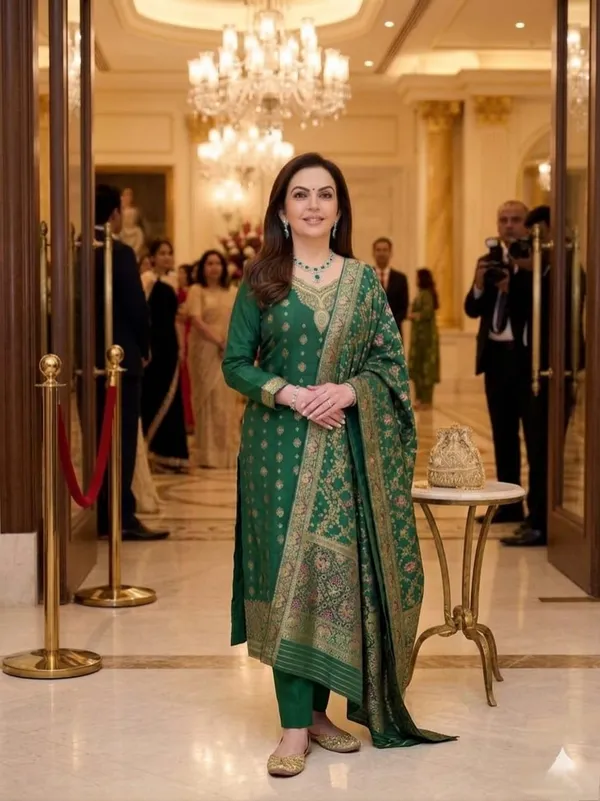 MRS.NITA_AMBANI_GREEN_BUND_PURE_BANARASI_SUIT_SET