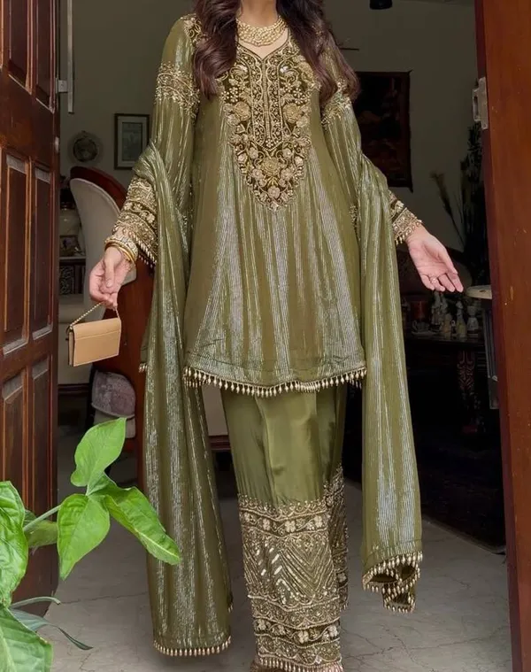 Olive_Green_Designer_Heavy_Embroidery_Sequence_Fancy_Patch_Work_With_Plazzo_Suit_Set