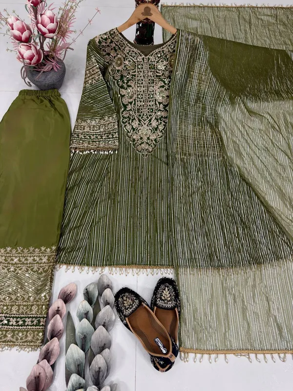 Olive_Green_Designer_Heavy_Embroidery_Sequence_Fancy_Patch_Work_With_Plazzo_Suit_Set