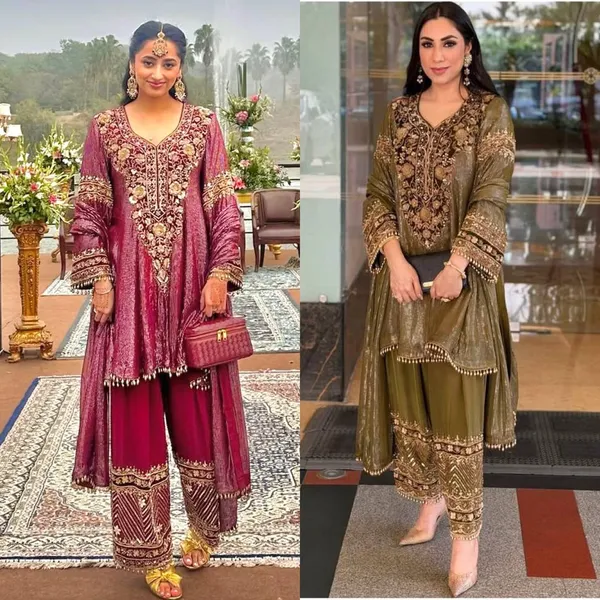 Olive_Green_Designer_Heavy_Embroidery_Sequence_Fancy_Patch_Work_With_Plazzo_Suit_Set