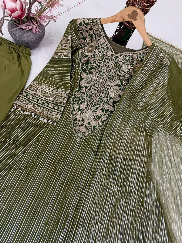 Olive_Green_Designer_Heavy_Embroidery_Sequence_Fancy_Patch_Work_With_Plazzo_Suit_Set