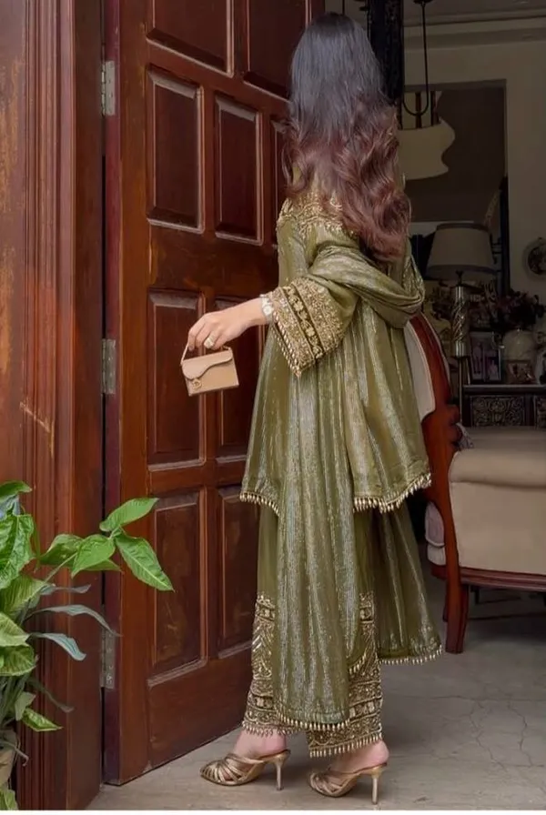 Olive_Green_Designer_Heavy_Embroidery_Sequence_Fancy_Patch_Work_With_Plazzo_Suit_Set