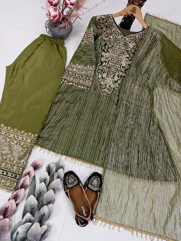 Olive_Green_Designer_Heavy_Embroidery_Sequence_Fancy_Patch_Work_With_Plazzo_Suit_Set