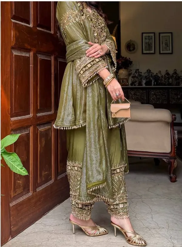 Olive_Green_Designer_Heavy_Embroidery_Sequence_Fancy_Patch_Work_With_Plazzo_Suit_Set