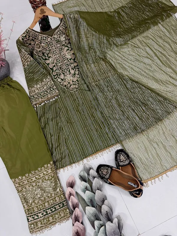 Olive_Green_Designer_Heavy_Embroidery_Sequence_Fancy_Patch_Work_With_Plazzo_Suit_Set