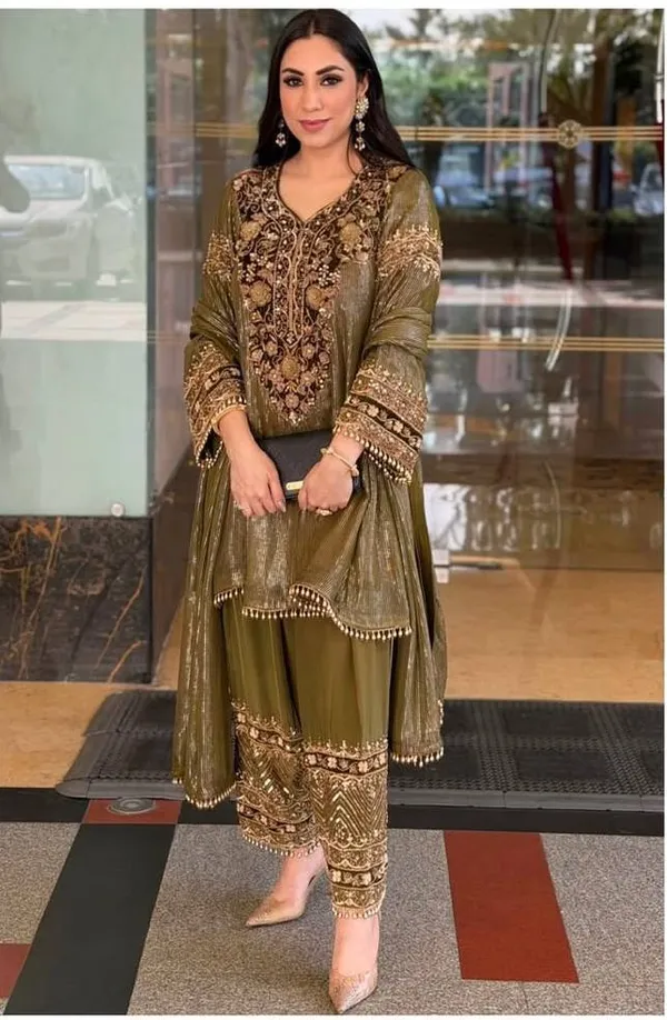 Olive_Green_Designer_Heavy_Embroidery_Sequence_Fancy_Patch_Work_With_Plazzo_Suit_Set