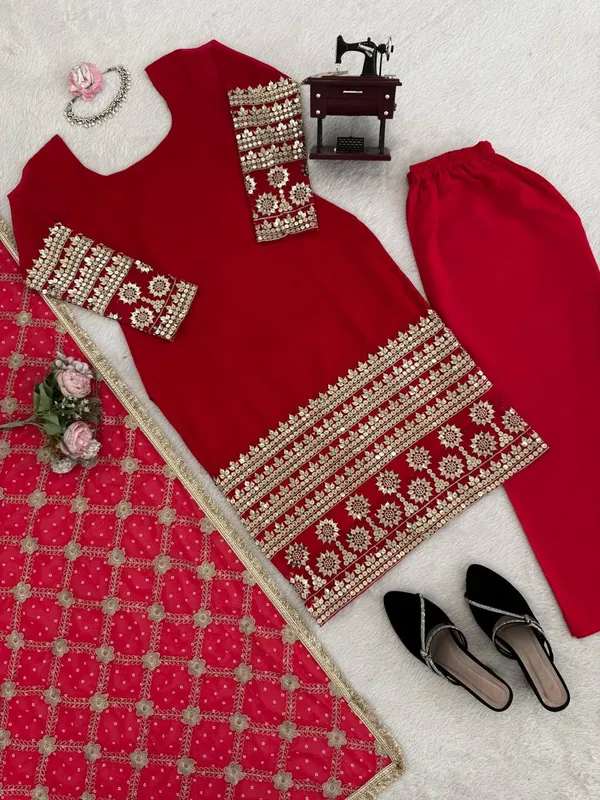Red_Foux_Gorgette_Salwar_Sequnce_Top_With_Pent_&_Dupatta_Suit_Set