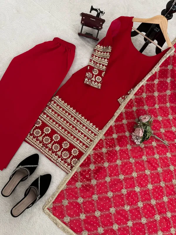 Red_Foux_Gorgette_Salwar_Sequnce_Top_With_Pent_&_Dupatta_Suit_Set