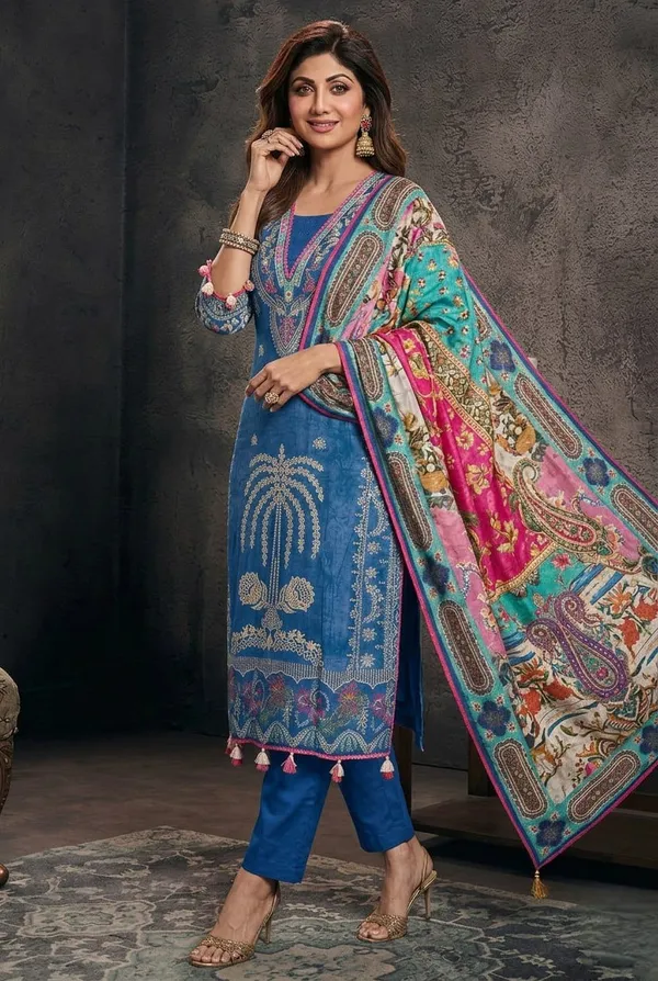 Shilpa_Shetty_Royal_Blue_Premium_Russian_Silk_Kurti_Set