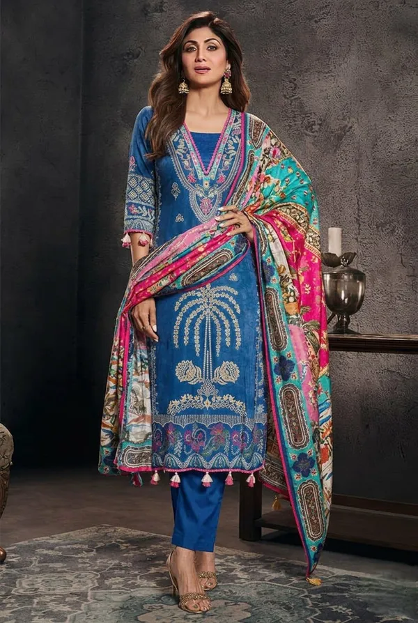 Shilpa_Shetty_Royal_Blue_Premium_Russian_Silk_Kurti_Set